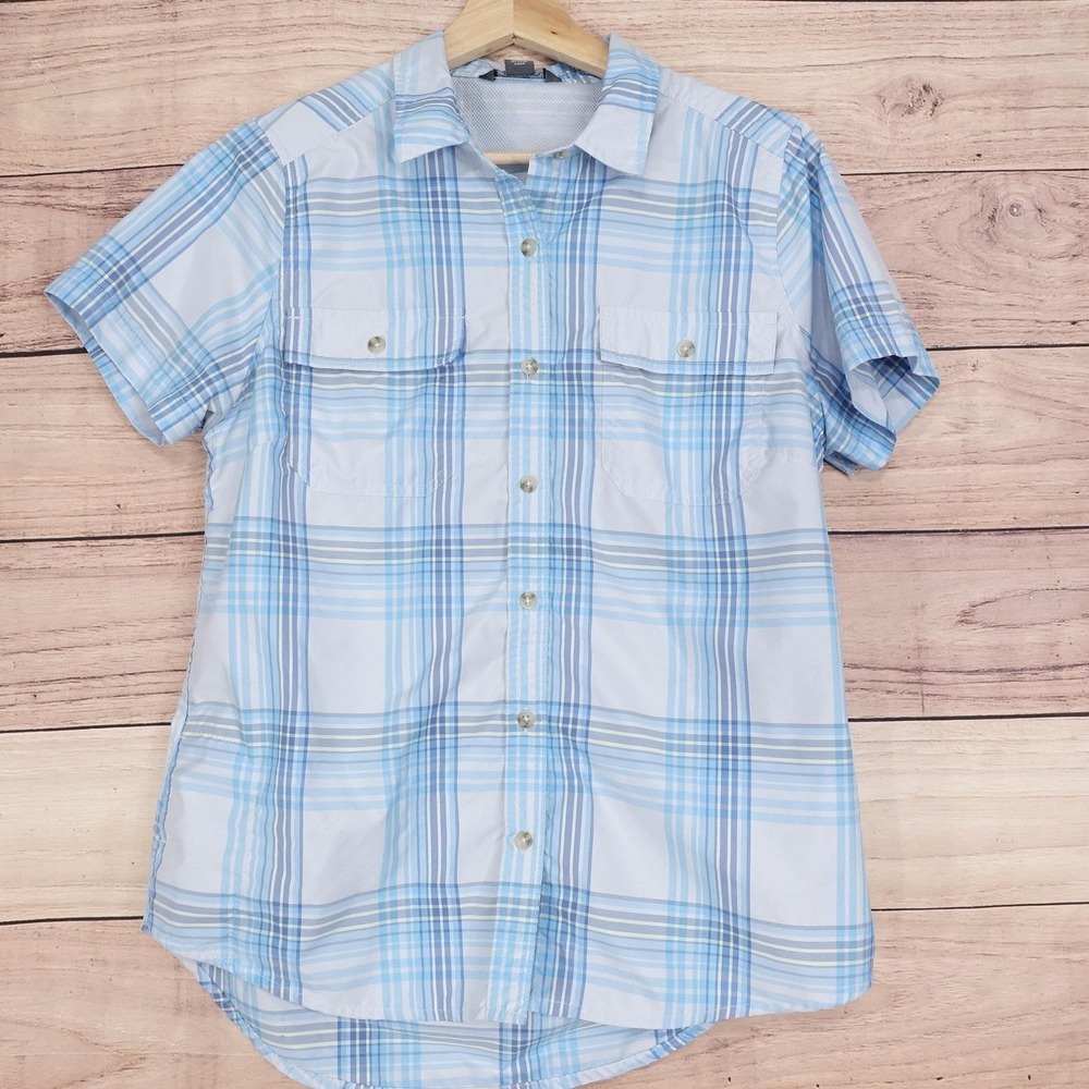 Eddie Bauer Button-Up Womens M Blue Plaid Outdoors Hiking Polyester Nylon